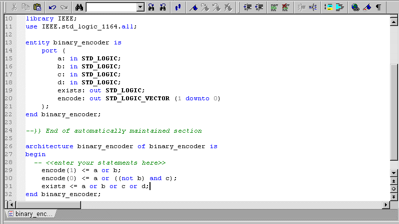 A.2 ΤΟ ΠΕΡΙΒΑΛΛΟΝ εργασίας 15 encode(1) <= a or b; encode(0) <= a or ((not b) and c); exists <= a or b or c or d; Η λειτουργία του κωδικοποιητή αυτού είναι η εξής: Οι είσοδοι a, b, c, d