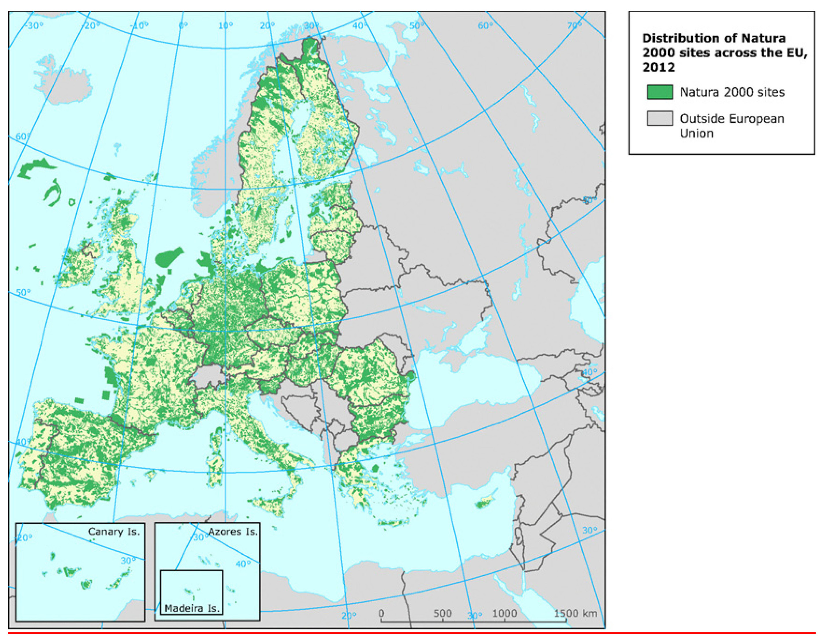 19 Γράφημα 1 - Περιοχές του δικτύου Natura 2000 σε όλη την ΕΕ Κατανομή των περιοχών του δικτύου Natura 2000 στην ΕΕ το 2012 Περιοχές του δικτύου Natura 2000 Εδάφη εκτός Ευρωπαϊκής Ένωσης Σημείωση: