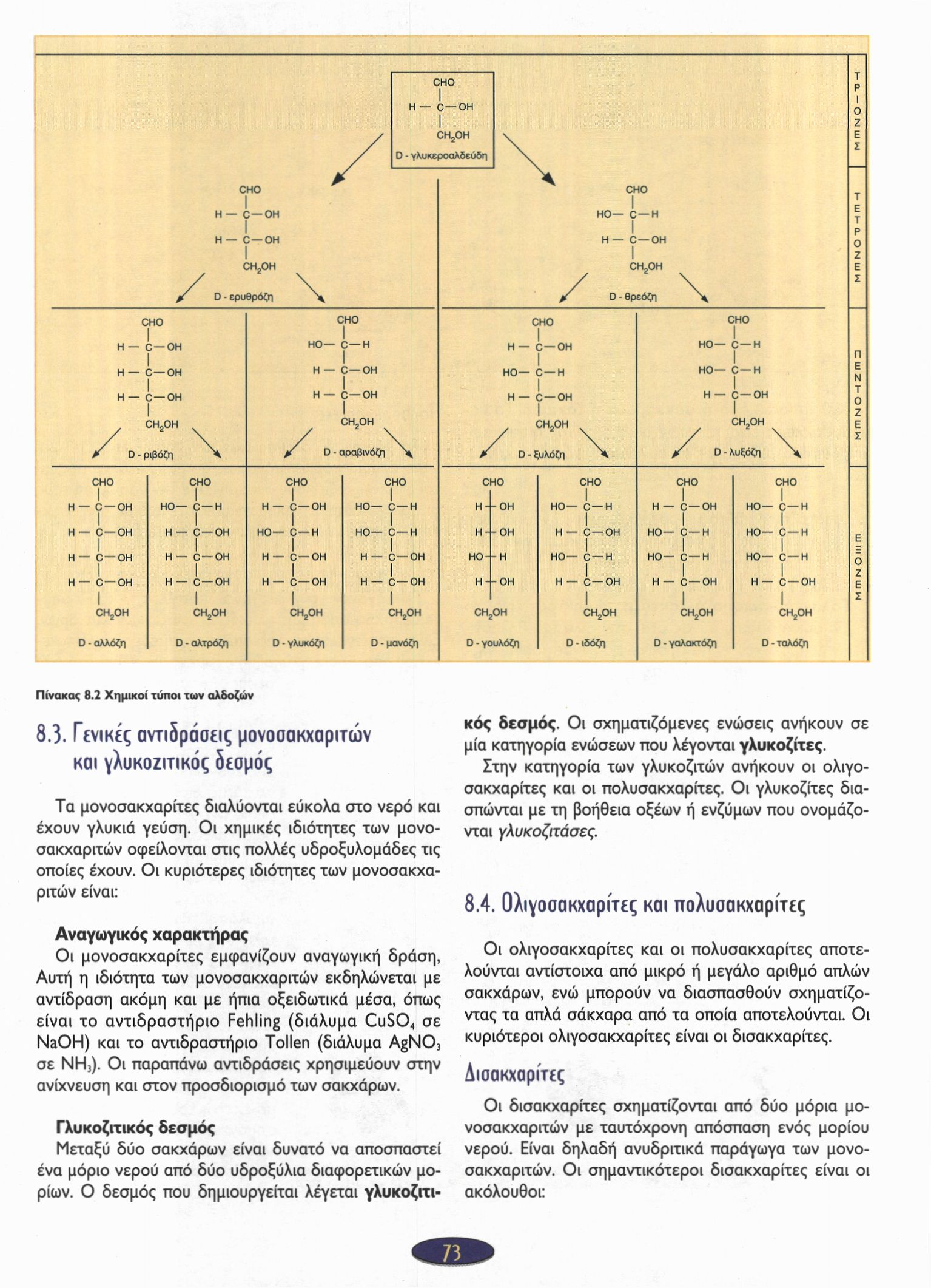 Πίνακας 8.2 Χημικοί τύποι των αλδοζών 8.3. Γενικές αντιδράσεις μονοσακχαριτών και γλυκοζιτικός δεσμός Τα μονοσακχαρίτες διαλύονται εύκολα στο νερό και έχουν γλυκιά γεύση.