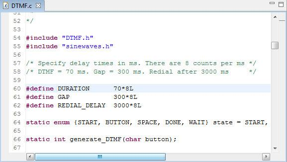 4.5.3 Αλλαγή της διάρκειας των τόνων Οι παράμετροι που καθορίζουν τη διάρκεια των τόνων, τον κενό χρόνο μεταξύ διαδοχικών τόνων και την καθυστέρησης επανάκλησης μπορούν να ρυθμιστούν στο DTMF.c.