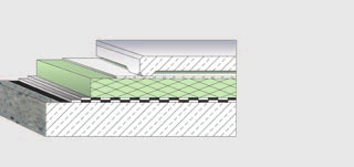 Pri konštrukcii OP-strechy je hydroizolácia strechy chránená pred dynamickým zaťažením prostredníctvom izolačnej vrstvy. Obr. 40: OP-terasová strecha so Styrodurom C.