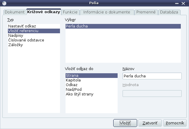 Odkaz by bol hotový, poďme ho teraz použiť. Kdekoľvek v našom texte môžeme znovu vyššie opísaným spôsobom zavolať dialógové okno Polia. Namiesto Nastaviť odkaz teraz vyberieme Vložiť referenciu.