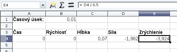 Keď už máme vypočítanú silu, zrýchlenie vypočítame ľahko. Podľa Newtonovho zákona stačí silu vydeliť hmotnosťou kocky. Zrýchlenie teda bude F / 0,5. Ako to dostať do Calcu, vidíte na obrázku 72.