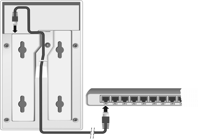 Primii paşi 1 Introduceţi mufa cablului Ethernet furnizat (Cat 5 cu 2 mufe modulare RJ45) în priza de LAN din spatele dispozitivului.