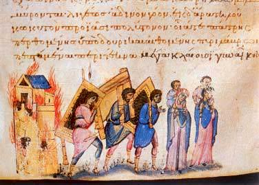 Άμαχοι Βυζαντινοί εγκαταλείπουν τη φλεγόμενη πόλη τους, για να