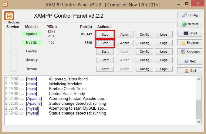 Εικόνα 7: Πίνακας ελέγχου XAMPP πριν αρχίσουν να τρέχουν τα Apache & MySQL