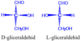 Slika 1. Enantiomera. D in L obliko določamo glede na položaj hidroksilne skupine na zadnjem asimetričnem ogljikovem atomu, če sladkor napišemo v Fischerjevi projekciji (Slika 2).