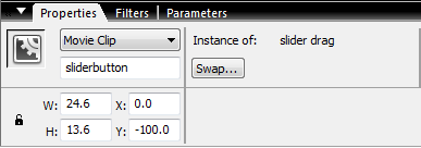 Στο παράθυρο Properties παρατηρούμε ότι το slider drag movie clip τοποθετείται στη θέση x=0 και y=-100.