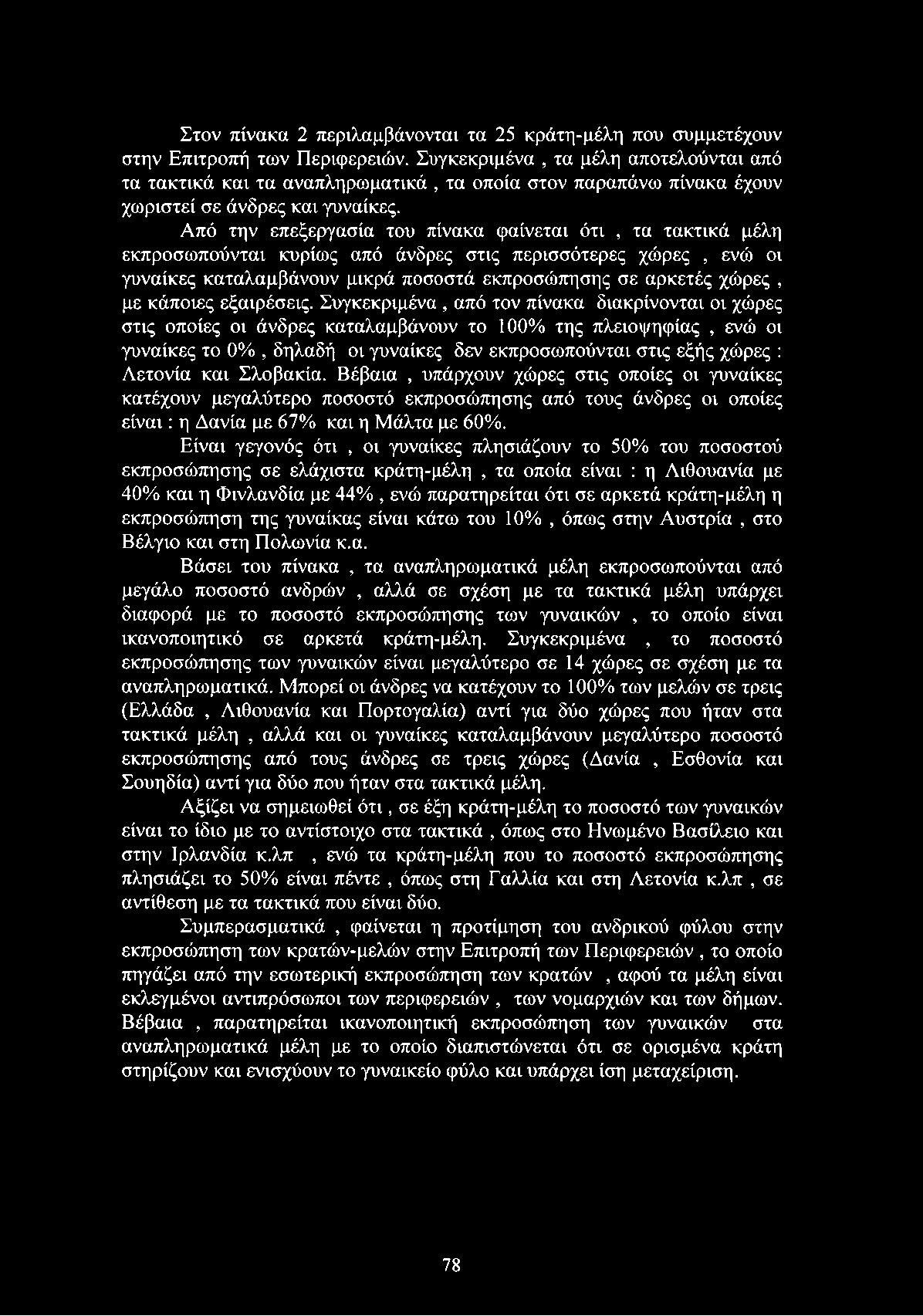 Από την επεξεργασία του πίνακα φαίνεται ότι, τα τακτικά μέλη εκπροσωπούνται κυρίως από άνδρες στις περισσότερες χώρες, ενώ οι γυναίκες καταλαμβάνουν μικρά ποσοστά εκπροσώπησης σε αρκετές χώρες, με