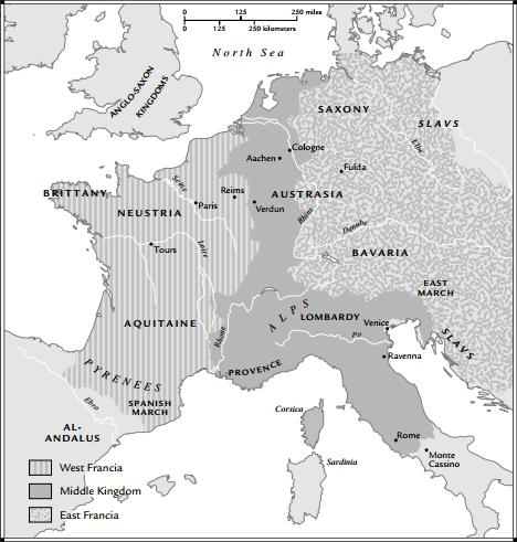 πόλεμος την αναγκαιότητα για ειρήνη η οποία διατυπώθηκε μέσα από τη συνθήκη του Βερντέν η οποία υπογράφτηκε το έτος 843 και προέβλεπε το διαχωρισμό της αυτοκρατορίας σε τρία μέρη, καθένα από τα οποία