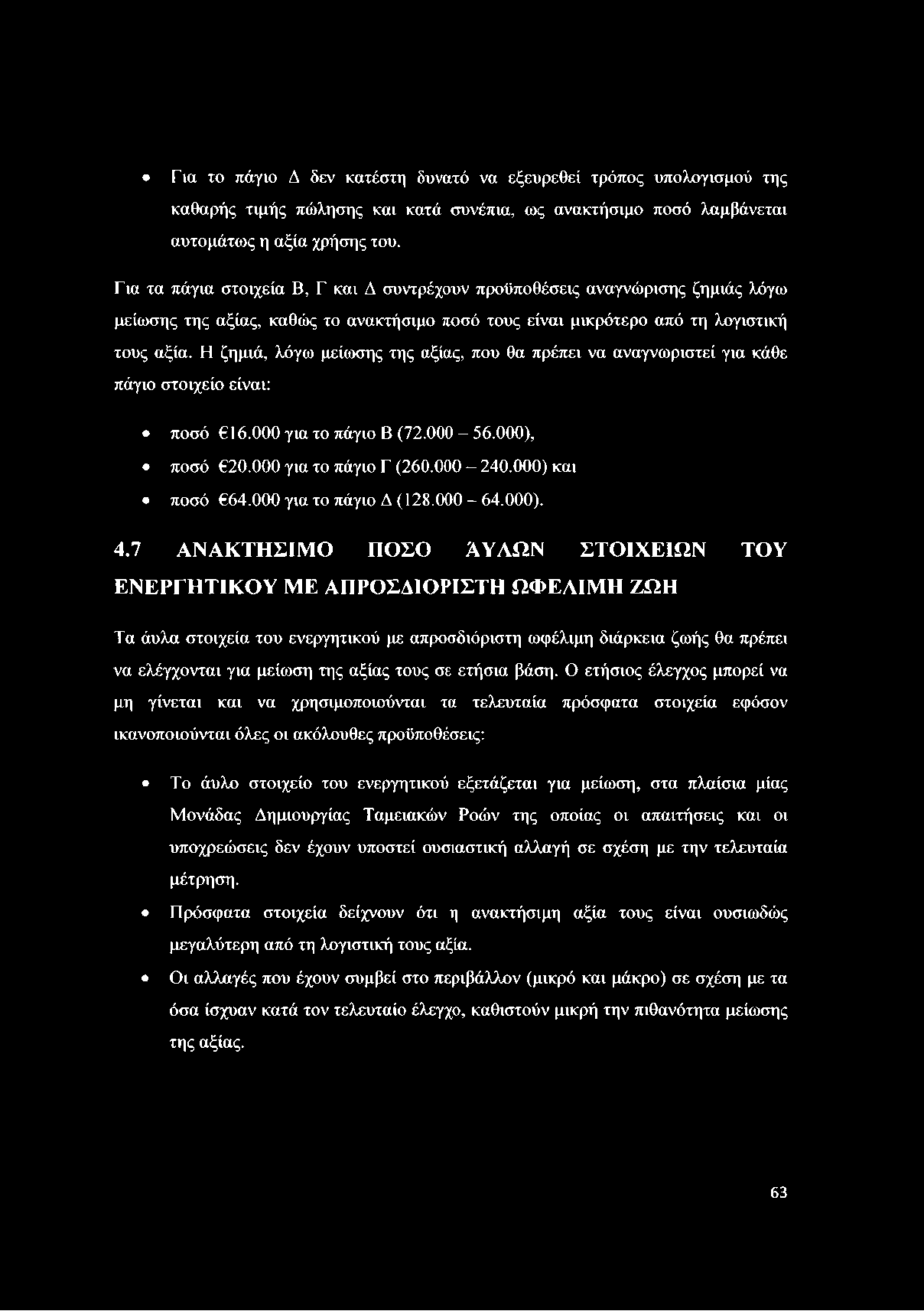 Η ζημιά, λόγω μείωσης της αξίας, που θα πρέπει να αναγνωριστεί για κάθε πάγιο στοιχείο είναι: ποσό 16.000 για το πάγιο Β (72.000-56.000), ποσό 20.000 για το πάγιο Γ (260.000-240.000) και ποσό 64.