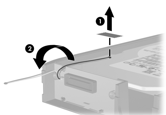 3. Αφαιρέστε την κολλητική ταινία που στερεώνει το θερμικό αισθητήρα στο επάνω μέρος του σκληρού δίσκου (1) και μετακινήστε το θερμικό αισθητήρα μακριά από το περίβλημα μεταφοράς (2).