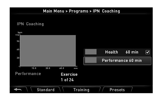 Εάν επιθυμείτε να βελτιώσετε την φυσική σας κατάσταση, επιλέξτε health training. Εάν επιθυμείτε την μυϊκή σας ενδυνάμωση επιλέξτε power training. Η ένδειξη targets μεταβάλει τον χρόνο άσκησης.
