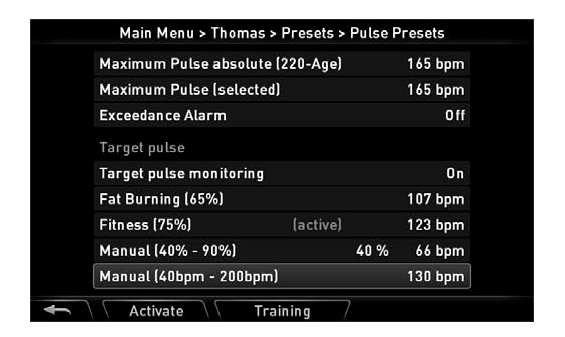 Targets > recommended heart rate Στόχοι > συνιστώμενος καρδιακός παλμός Εφόσον τα προσωπικά δεδομένα του χρήστη έχουν εισαχθεί, διάφορες τιμές καρδιακού σφυγμού εμφανίζονται στην οθόνη.