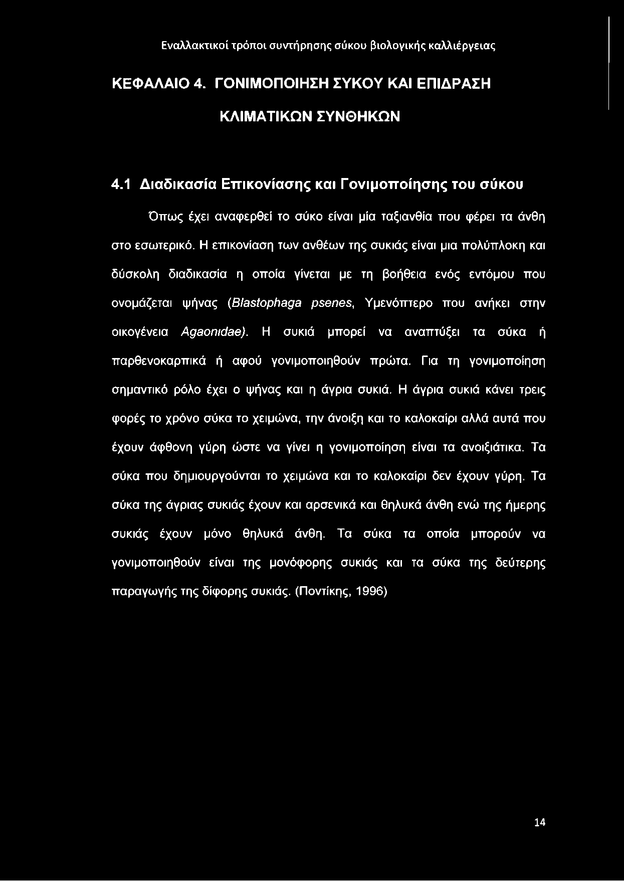 οικογένεια /Agaoπ/daej. Η συκιά μπορεί να αναπτύξει τα σύκα ή παρθενοκαρπικά ή αφού γονιμοποιηθούν πρώτα. Για τη γονιμοποίηση σημαντικό ρόλο έχει ο ψήνας και η άγρια συκιά.