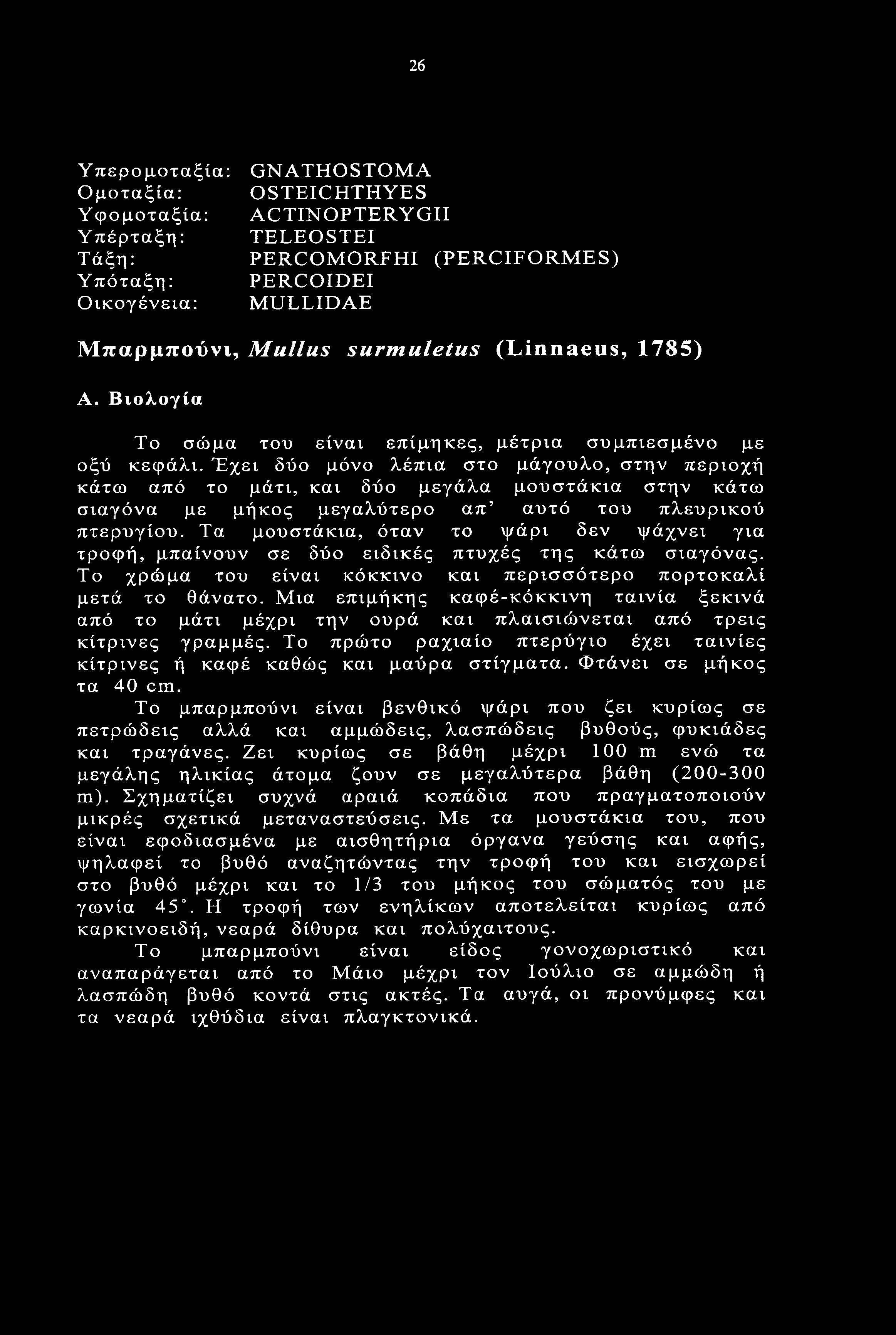 Έχει δύο μόνο λέπια στο μάγουλο, στην περιοχή κάτω από το μάτι, και δύο μεγάλα μουστάκια στην κάτω σιαγόνα με μήκος μεγαλύτερο απ αυτό του πλευρικού πτερυγίου.