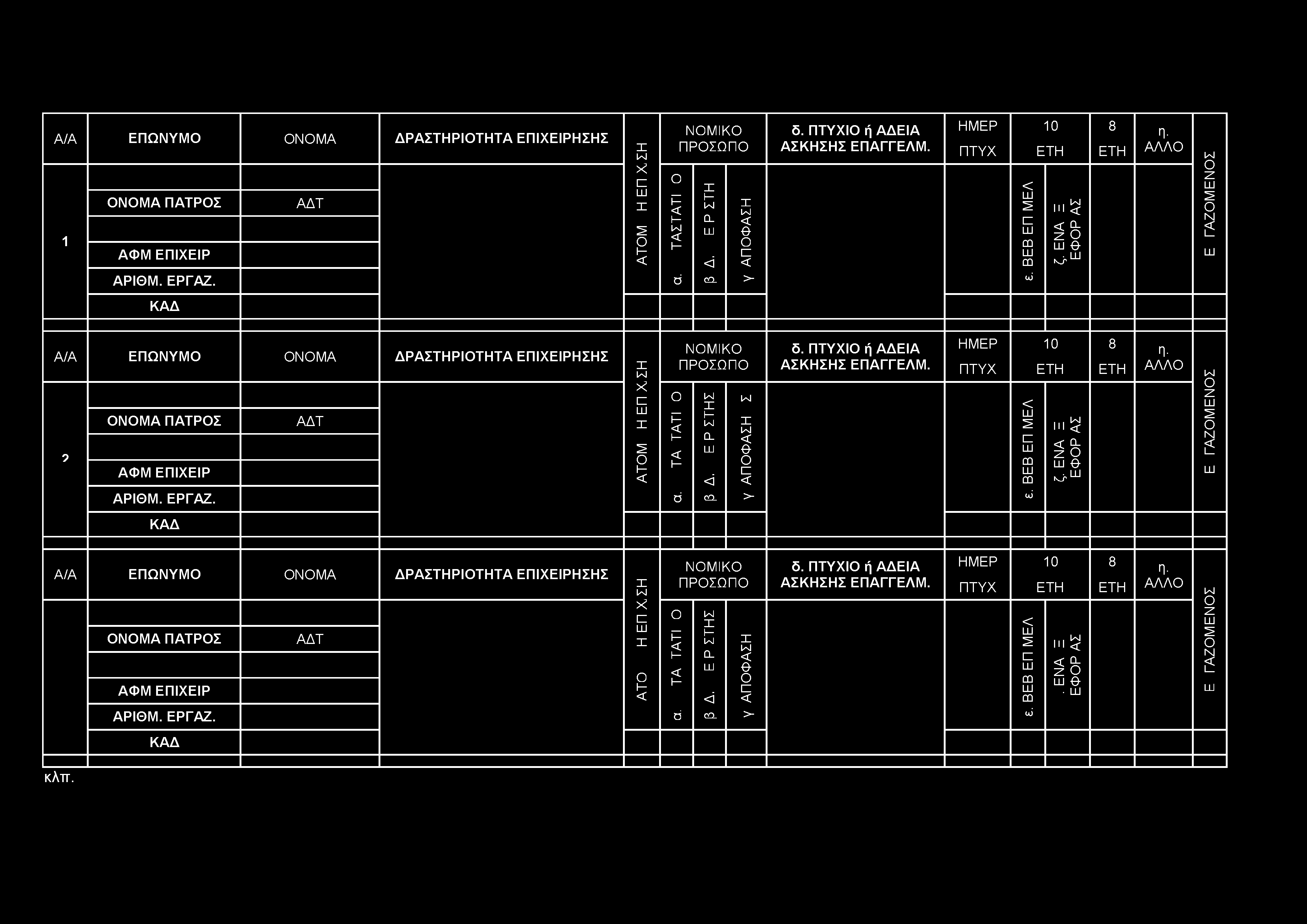 Ο Ν ί ΚΑΔ A / A ΕΠΩΝΥΜΟ ΟΝΟΜΑ ΔΡΑΣΤΗΡΙΟΤΗΤΑ ΕΠΙΧΕΙΡΗΣΗΣ 9 ΟΝΟΜΑ ΠΑΤΡΟΣ ΑΦΜ ΕΠΙΧΕΙΡ ΑΔΤ X l/sl Ν Ο Μ Ι Κ Ο Π Ρ Ο Σ Ω Π Ο > ιζ Ο W X Ρ X ι Q_ Ο Η Η l/sj δ. ΠΤΥΧΙΟ ή ΑΔΕΙΑ ΑΣΚΗΣΗΣ ΕΠΑΓΓΕΛΜ.