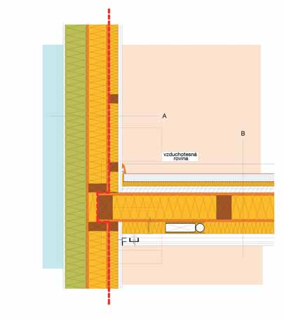 Skladba styku obvodovej steny a stropu drevenej rámovej konštrukcie s prídavným zatepľovacím systémom v hrúbke 16 cm, ktorý prekrýva tepelný most v mieste uloženia stropnice a s odvetranou medzerou.