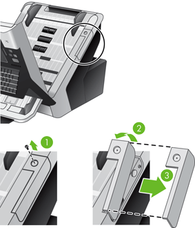 Εγκατάσταση του θύλακα ενσωμάτωσης υλικού Χρησιμοποιήστε τον περιλαμβανόμενο θύλακα ενσωμάτωσης υλικού (στην ίδια συσκευασία με το δίσκο εξόδου) με ένα εξάρτημα της HP που πωλείται ξεχωριστά, μια