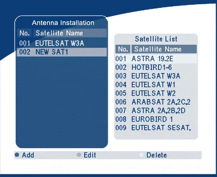5.2.1 Inštalácia antény V tomto menu môžete pridať satelit, editovať a vymazať satelit zo zoznamu.