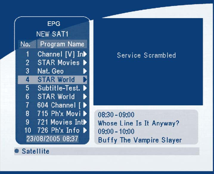 6.3. EPG (Electronic Program Guide) Elektronický Programový Sprievodca zobrazuje informáciu daného kanálu v reálnom čase. V normálnom režime (bez použitia menu) stlačte tlačidlo EPG.