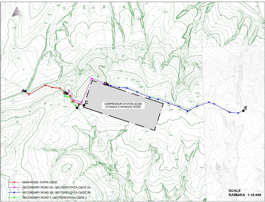 Έργου: Σελίδα 23 από 92 Εικόνα 3-4 Προτεινόμενοι ρόμοι Πρόσβασης στη Νέα Θέση του Σταθμού Συμπίεσης GCS00 Πηγή: AFCM, 2015 Αναλυτικότερα, ο νέος δρόμος αποτελείται από τα παρακάτω τέσσερα διακριτά