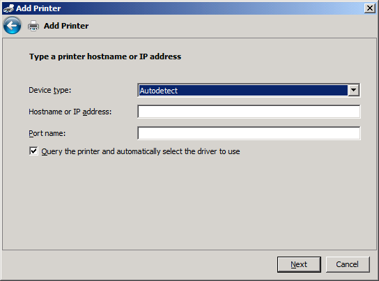 10. Στην ενότητα Type a printer hostname or IP address (Πληκτρολογήστε ένα όνομα κεντρικού υπολογιστή εκτυπωτή ή διεύθυνση IP), πληκτρολογήστε το όνομα του εκτυπωτή MFP ή τη διεύθυνση IP στο πλαίσιο