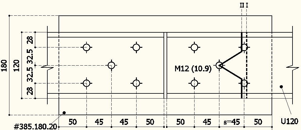 b. Αντοχή ελκυστήρα σε εφελκυσμό Σχήμα 10: Γραμμές θραύσης για τον ελκυστήρα Πλήρης διατομή: Α=34cm Aπομειωμένη διατομή Γραμμή θραύσης Ι-Ι A net1 = Α-n d o t = 34,00cm - 1,3cm 1,40cm =30,36cm Γραμμή