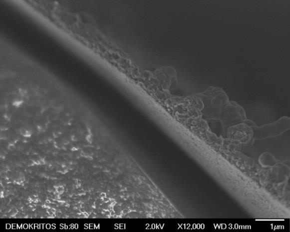 Στις μικρογραφίες διακρίνονται το μεσοπορώδες στρώμα της Al 2 O 3 και το μικροπορώδες στρώμα της SiO 2 όπως επίσης και το στρώμα της εναπόθεσης αποτελούμενο από νανοδομές άνθρακα.