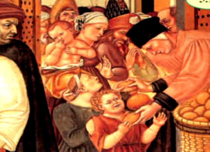Λεπτομέρεια από τοιχογραφία του Ντομένικο Μπαρτόλο, που εικονίζει κληρικούς να μοιράζουν ψωμί σε φτωχούς. Νοσοκομείο Σάντα Μαρία τε λα Σκάλα, Σιένα, Ιταλία.