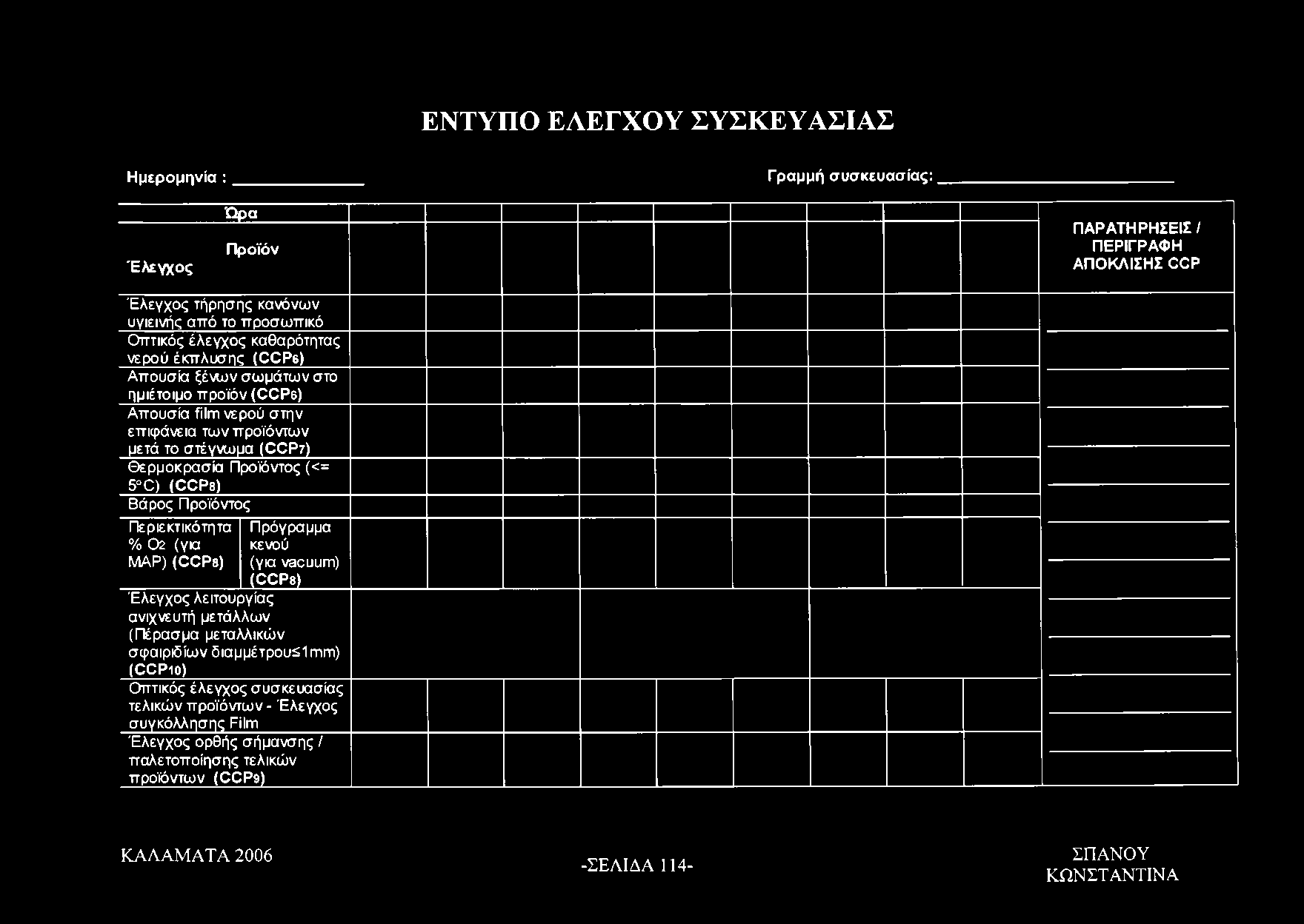 Προϊόντος (<= 5 C) (CCP8) Βάρος Προϊόντος Περιεκτικότητα % 02 (για MAP) (CCP8) Πρόγραμμα κενού (για vacuum) (CCP8) Έλεγχος λειτουργίας ανιχνευτή μετάλλων (Πέρασμα μεταλλικών