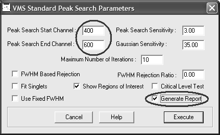 VMS Standard Peak Search- αφού δοθούν τα όρια της περιοχής αναζήτησης και ενεργοποιηθεί το Generate