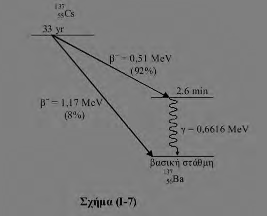 στάθμη του 137 Βα και 2. κατά 92% με εκπομπή β ακτινοβολίας ενέργειας 0,51 MeV σε διεγερμένη στάθμη του 137 Βα. Η διεγερμένη αυτή στάθμη έχει t 1/2 = 2,6 min.