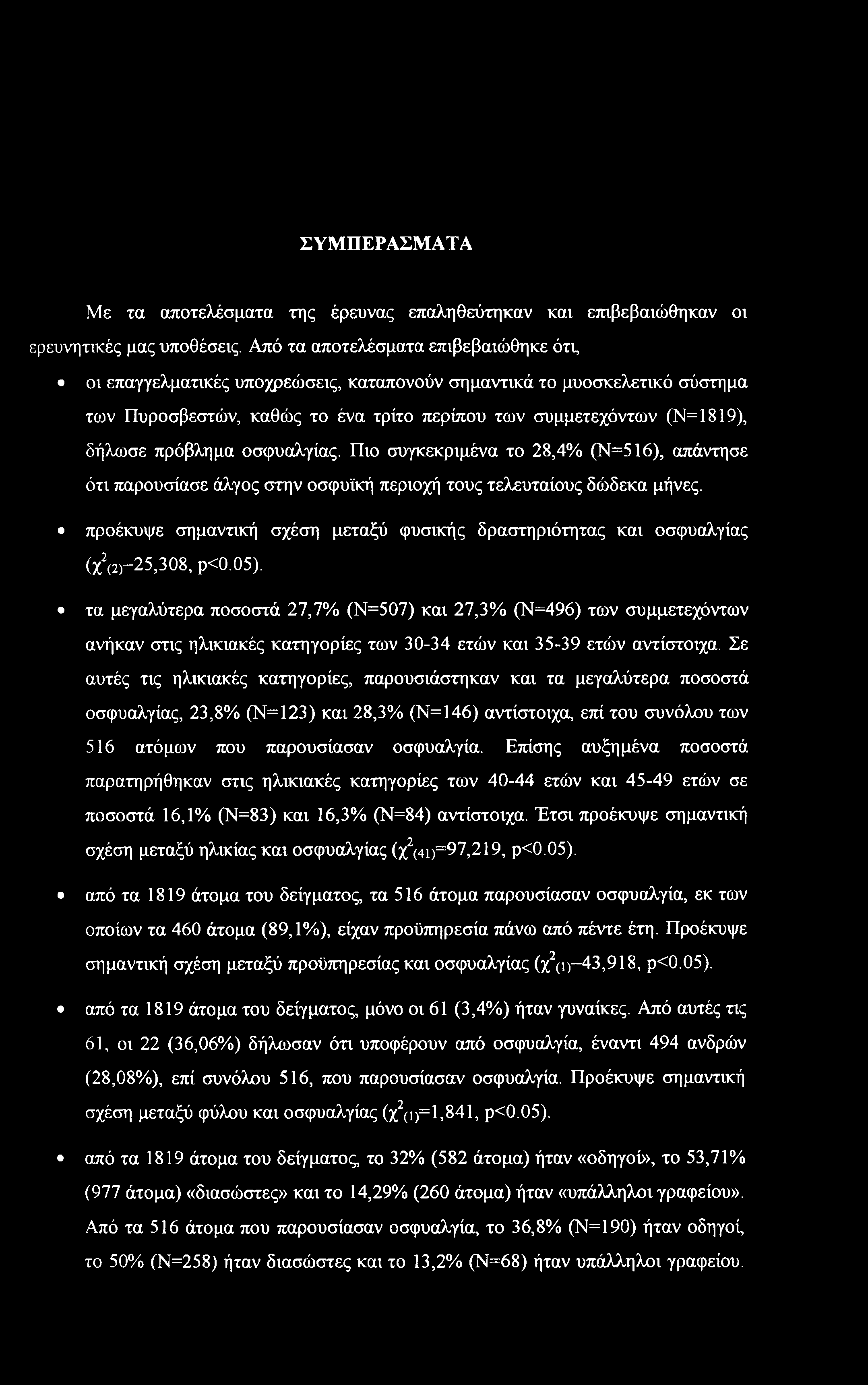 πρόβλημα οσφυαλγίας. Πιο συγκεκριμένα το 28,4% (Ν=516), απάντησε ότι παρουσίασε άλγος στην οσφυϊκή περιοχή τους τελευταίους δώδεκα μήνες.