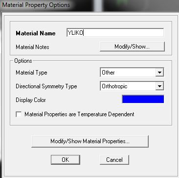 ΜΕΤΑΠΤΥΧΙΑΚΗ ΕΡΓΑΣΙΑ ΚΕΦΑΛΑΙΟ 5 Στην συνέχεια επιλέγουμε: Add New Material => Material type: Other => Directional Symmetry Type: Orthotropic Πατώντας Modify/Show material properties εμφανίζεται ένα
