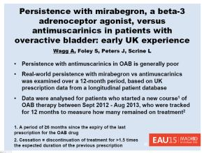 Παραμονή στη θεραπεία με mirabegron, ένα β3 αγωνιστή αδρενεργικών υποδοχέων,σε σχέση με αντιμουσκαρινικά σε ασθενείς με Υπερλειτουργική Κύστη: πρώιμη εμπειρία από το ΗΒ Wagg A, Foley S, Peters J,