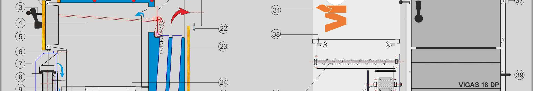 Teplomer spalín 23. Rúry výmenníka 24. Horák pre spaľovanie peliet 25.