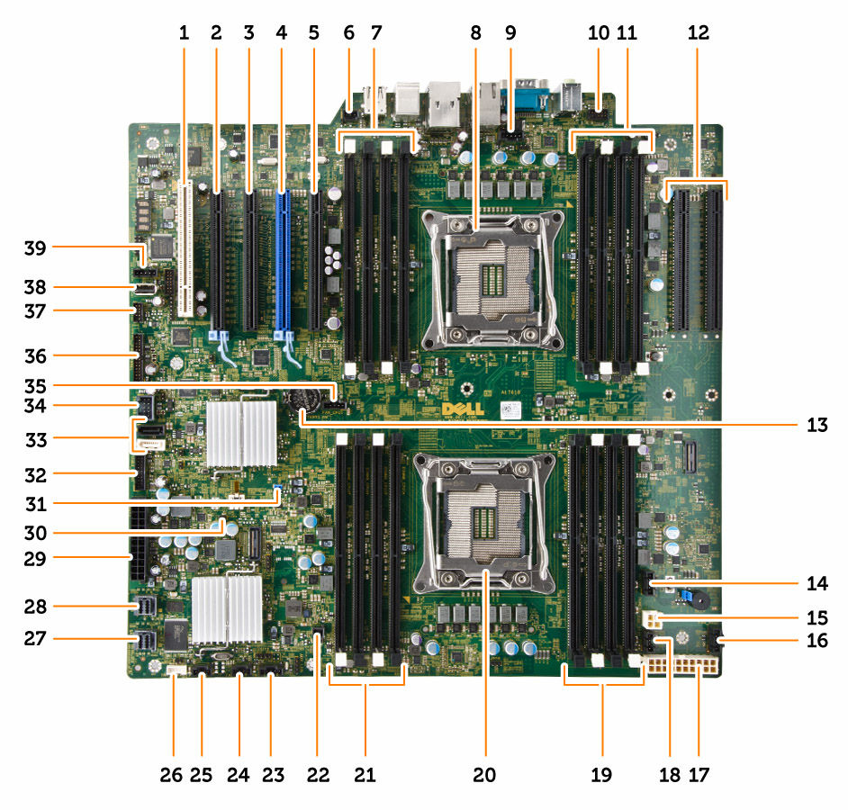 1. υποδοχή κάρτας PCI (υποδοχή 5) 2. υποδοχή κάρτας PCI Express 3.0 x16 (υποδοχή 4) 3. υποδοχή κάρτας PCI Express 2.0 x16 (x4 ηλεκτρικά) card slot (υποδοχή 3) 5. υποδοχή κάρτας PCI Express 3.0 x16 (x4 ηλεκτρικά) (υποδοχή 1) 7.