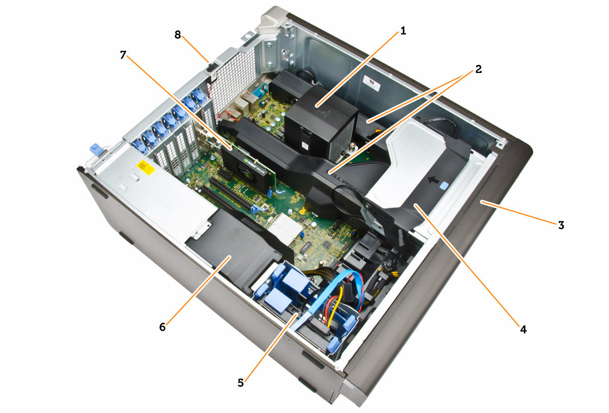 Αριθμός 2. Εσωτερική όψη του υπολογιστή T5810 1. ψύκτρα με ενσωματωμένο ανεμιστήρα 2. προστατευτικά περιβλήματα μνήμης 3. μπροστινή στεφάνη συγκράτησης 4.