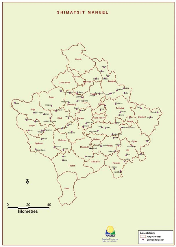 Raport shimatsit manuel Harta 9: Shimatësit manual në territorin e Kosovës Në bazë të të dhënave të regjistruara në stacionet matëse, mesatarja vjetore e të reshurave në Kosovë ndryshon prej