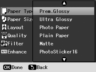Επιλογές εκτύπωσης φωτογραφιών Αφού επιλέξετε τις φωτογραφίες που θέλετε να εκτυπώσετε, πατήστε το κουμπί x [Print Settings] (Ρυθμίσεις εκτύπωσης) για να δείτε τα μενού προαιρετικών ρυθμίσεων, από