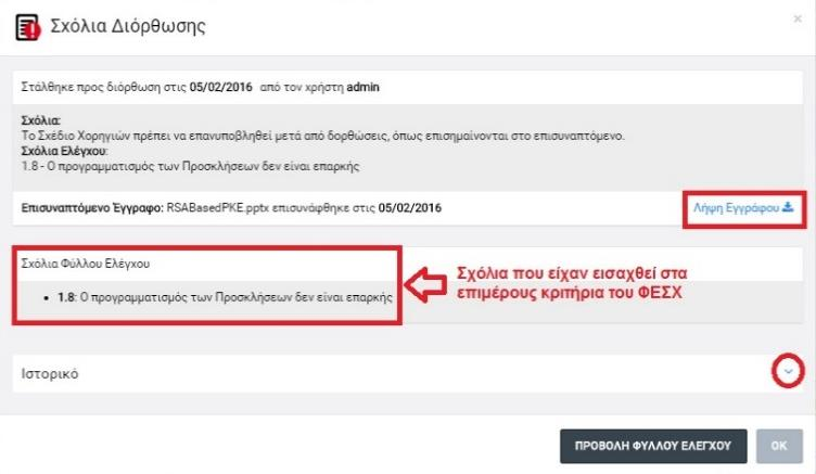 Εικόνα 29: Πλήκτρο και σχετικό παράθυρο εμφάνισης του ιστορικού των σχολίων διόρθωσης σε ένα ΣΧ Πατώντας στο βελάκι δεξιά από την ετικέτα «Ιστορικό» (V, Λ), όπως σημειώνεται στην προηγούμενη εικόνα,