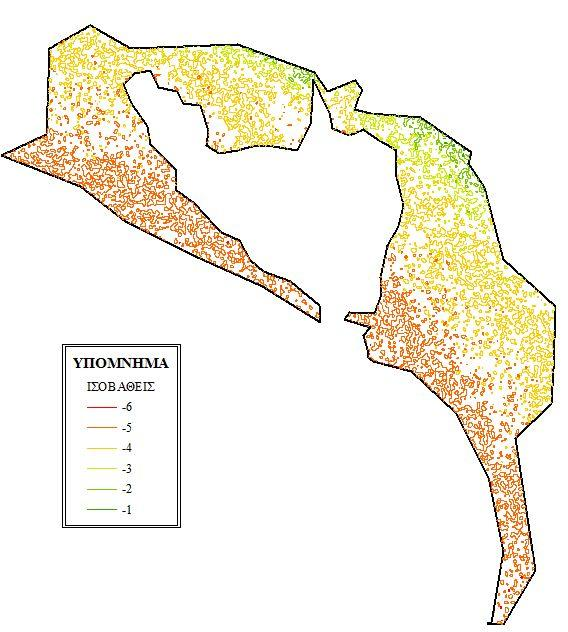 Δημιουργία Ψηφιακών Βαθυμετρικών Χαρτών Στην Εικόνα 6.17 παρουσιάζονται οι ισοβαθείς που προκύπτουν από το αρχείο της Εικόνα 6.16.