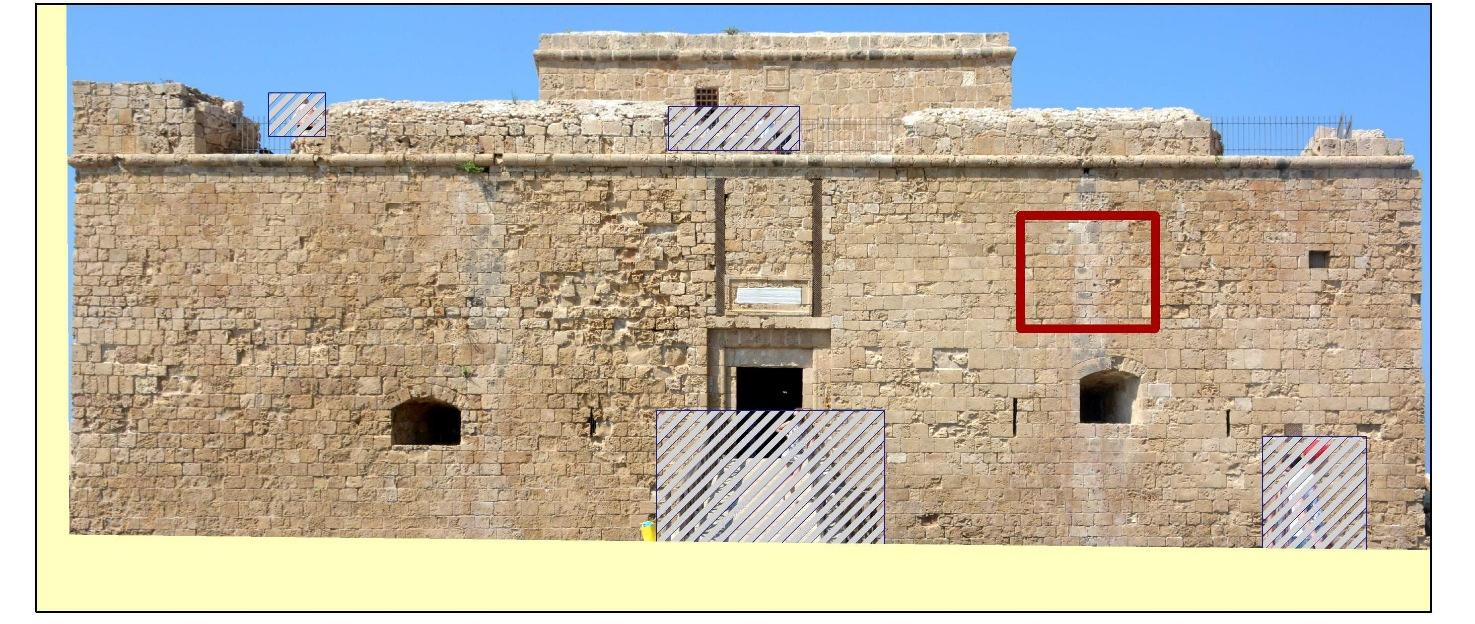 Στην εικόνα 5.2.17 παρατηρείται η αποτύπωση της κατάστασης της τοιχοποιίας στη θέση που σημειώνεται με κόκκινο στην ορθοφωτογραφία, με διαφορετικά είδη επεξεργασίας.