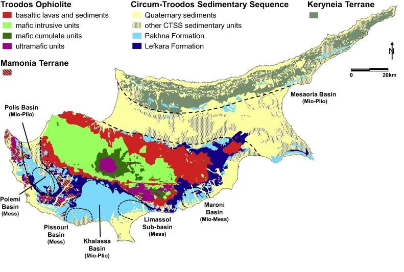 Εικ. 2.2. Απλοποιημένος γεωλογικός χάρτης της Κύπρου με τις κύριες λεκάνες απόθεσης (Ren et al., 2015 βασισμένο σε Geological Survey Department 2009 compilation και Eaton and Robertson, 1993).