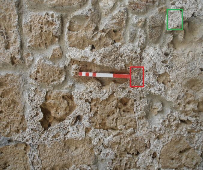 Εικ. 4.1.13β: Μακροσκοπική εικόνα της θέσης λήψεως δείγματος 13 και δείγματος 14. Δείγμα 14 Προέλευση: Κύπρος/Κάστρο Πάφου/Δυτική εσωτερική τοιχοποιία. Ημερομηνία δειγματοληψίας: 13/8/14.