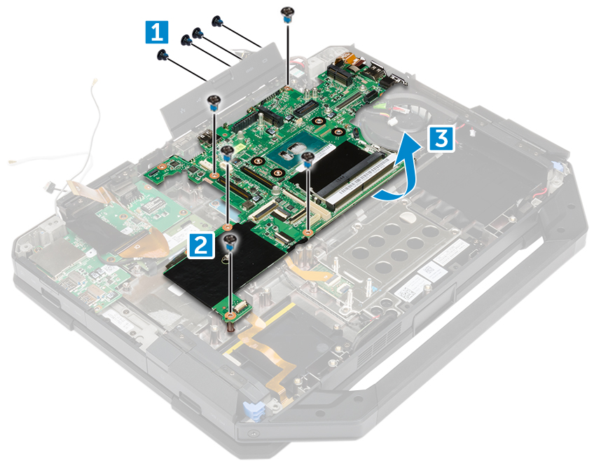 a. Αφαιρέστε τις βίδες που συγκρατούν την DisplayPort στο πλαίσιο του υπολογιστή [1]. b. Αφαιρέστε τις βίδες που συγκρατούν την πλακέτα συστήματος στο πλαίσιο του υπολογιστή [2]. c.