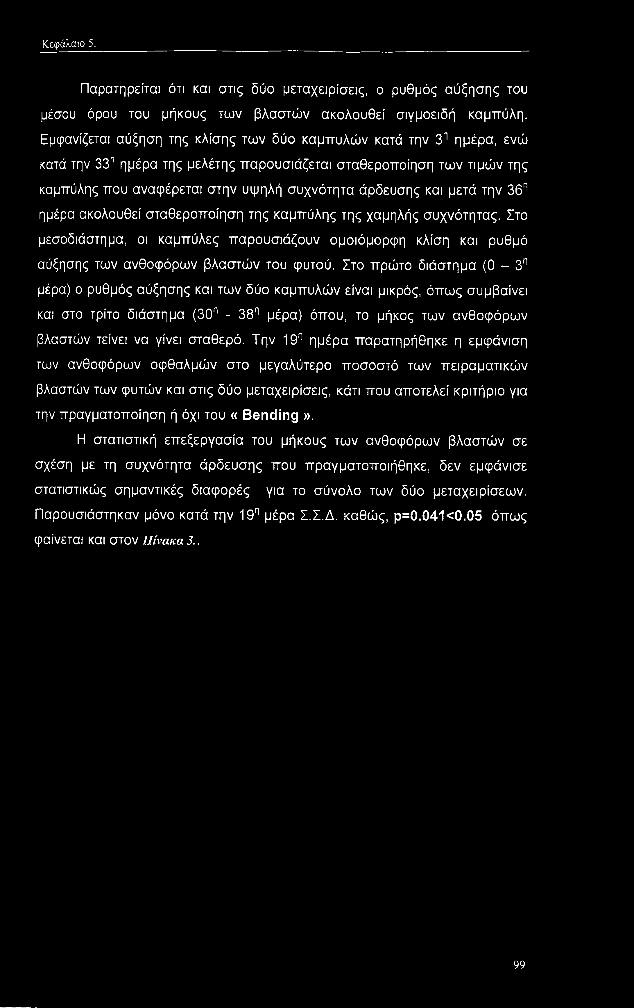 και μετά την 36η ημέρα ακολουθεί σταθεροποίηση της καμπύλης της χαμηλής συχνότητας. Στο μεσοδιάστημα, οι καμπύλες παρουσιάζουν ομοιόμορφη κλίση και ρυθμό αύξησης των ανθοφόρων βλαστών του φυτού.