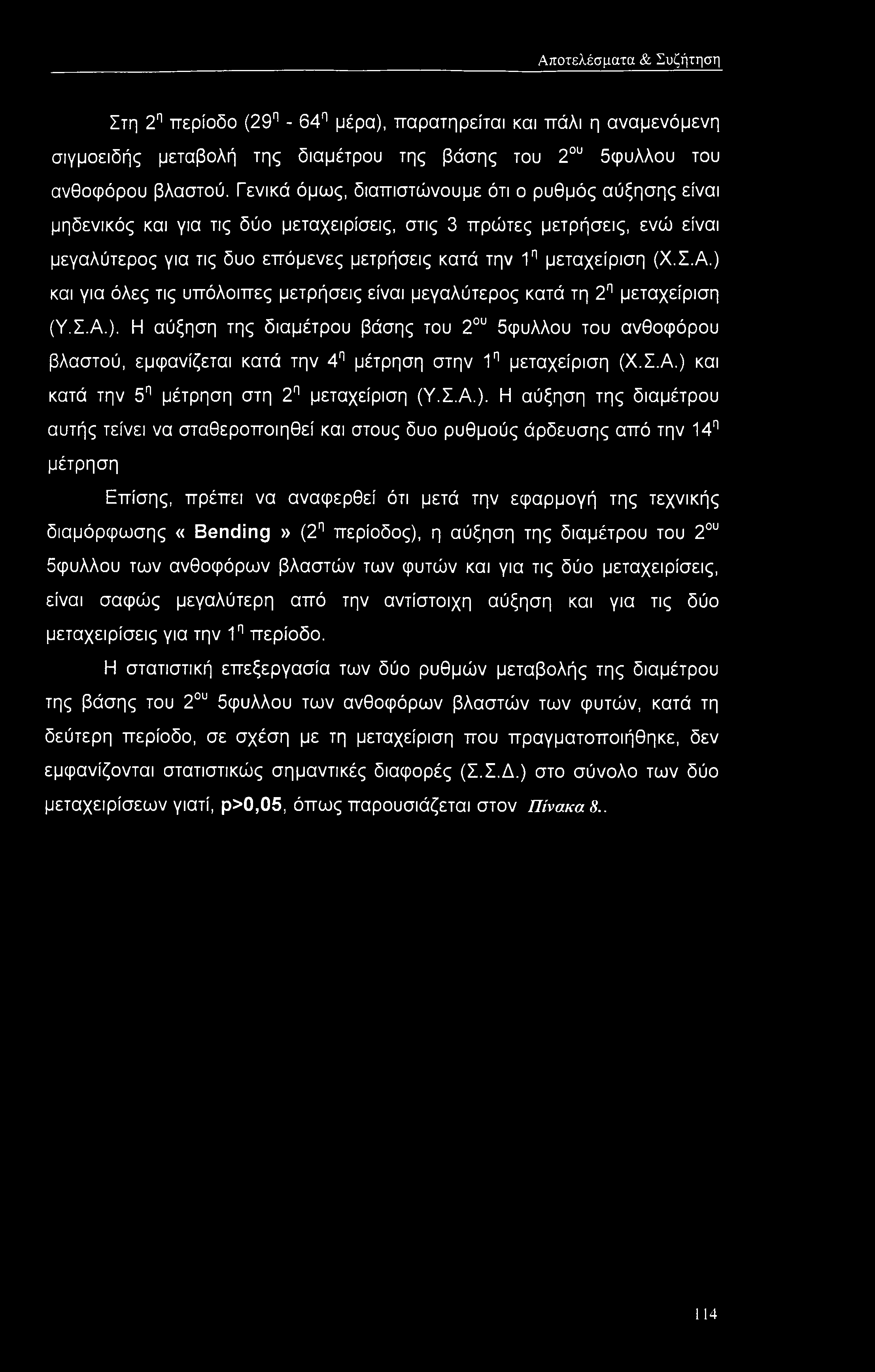 Αποτελέσματα & Συζήτηση Στη 2η περίοδο (29η - 64η μέρα), παρατηρείται και πάλι η αναμενόμενη σιγμοειδής μεταβολή της διαμέτρου της βάσης του 2ου άφυλλου του ανθοφόρου βλαστού.