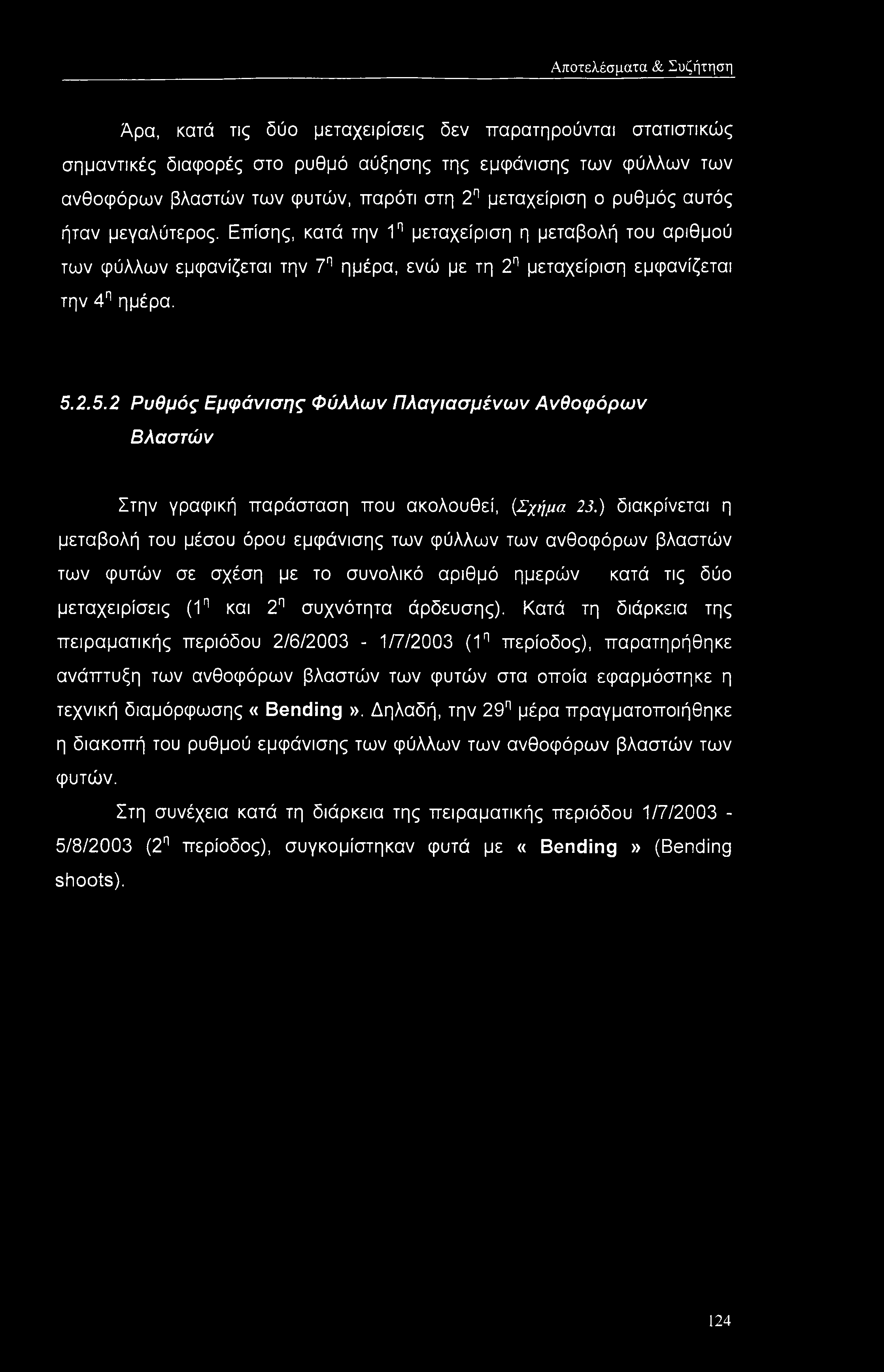 Αποτελέσματα & Συζήτηση Άρα, κατά τις δύο μεταχειρίσεις δεν παρατηρούνται στατιστικώς σημαντικές διαφορές στο ρυθμό αύξησης της εμφάνισης των φύλλων των ανθοφόρων βλαστών των φυτών, παρότι στη 2η